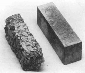 Concrete specimens after 300 freeze-thaw cycles. The specimen on the left is conventional concrete, and the one on the right has had an air admixture added 